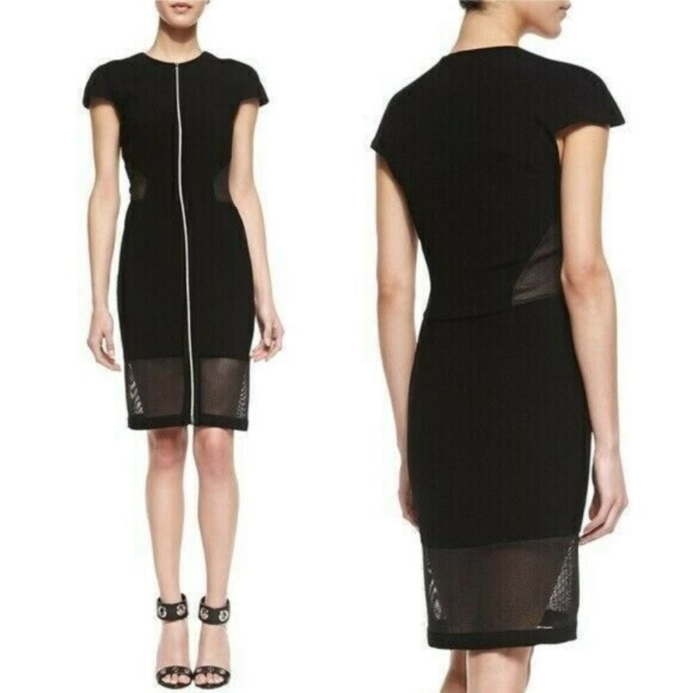 L'Agence Mesh Cutout Zip-Front Dress Cap Sleeve Crew Neck Midi Black Women 8